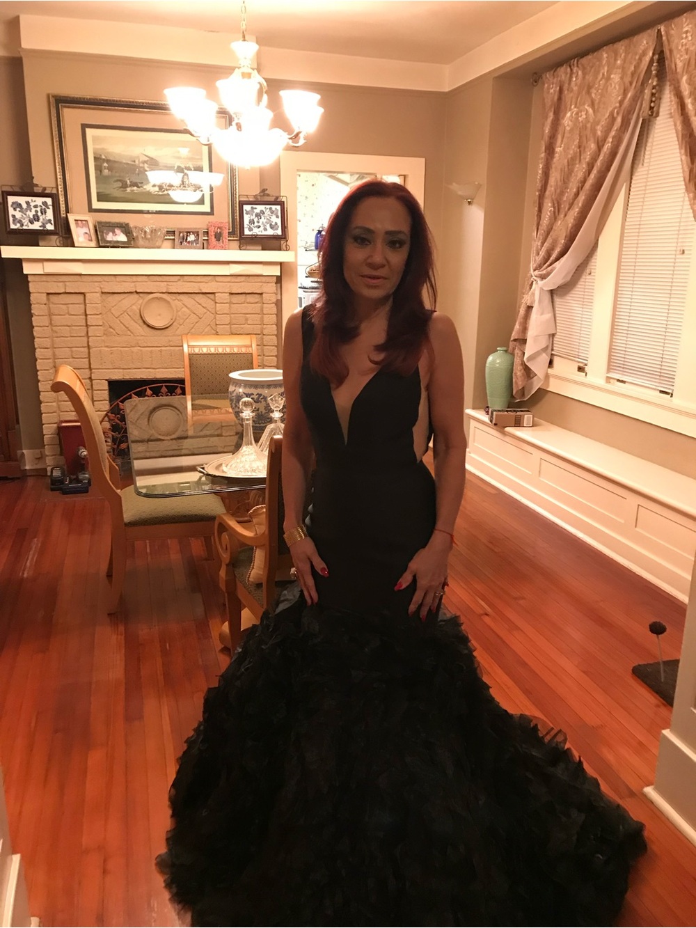 Sherri Hill Black Plunging V-Neck Mermaid Gown with Ruffled Skirt - Picture 3 of 11
